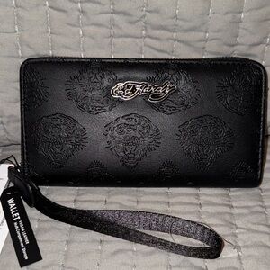 Ed Hardy BlackTigers Logo Print Embossed Zip Around Wallet Wristlet New